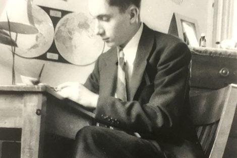 Sarkis Acopian '51 works in his Lafayette dorm room.